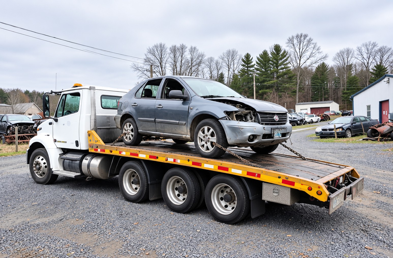 Flatbed tow truck carrying a damaged car in the Kawartha Lakes area of Ontario