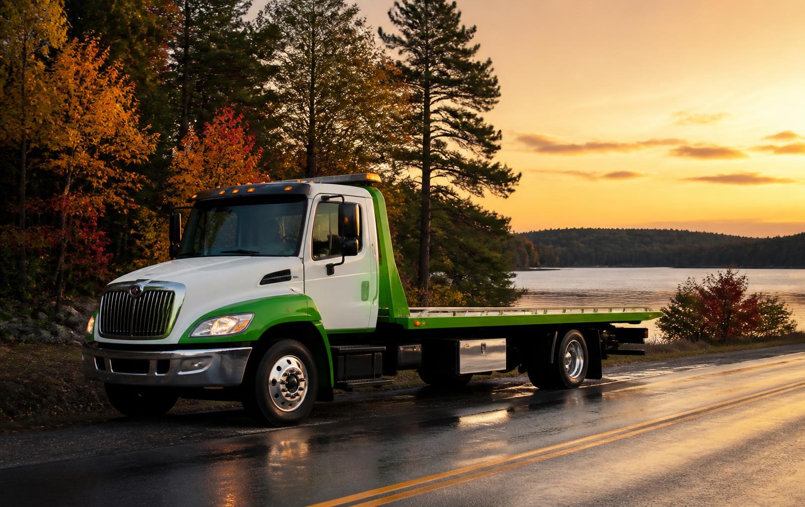 Tow truck of Towing Kawartha Lakes parked on a road beside a lake in Ontario