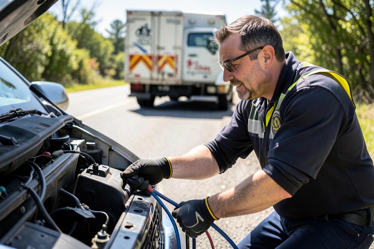 Roadside assistance technician helping a driver during a Canadian road trip